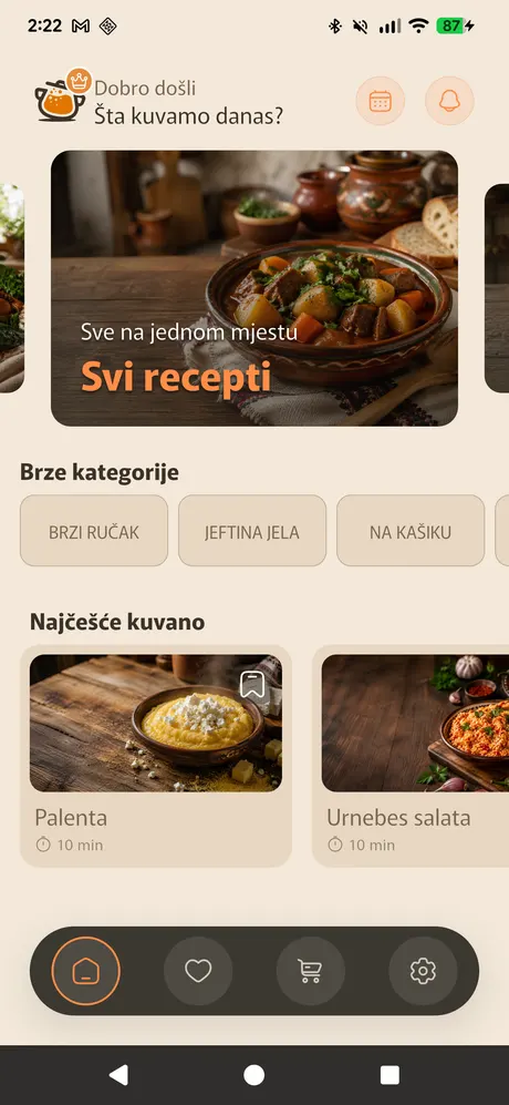 Početni ekran Kuvarizi aplikacije